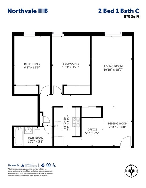 Floor plan for 2 beds, 1 bath, 879 sqft